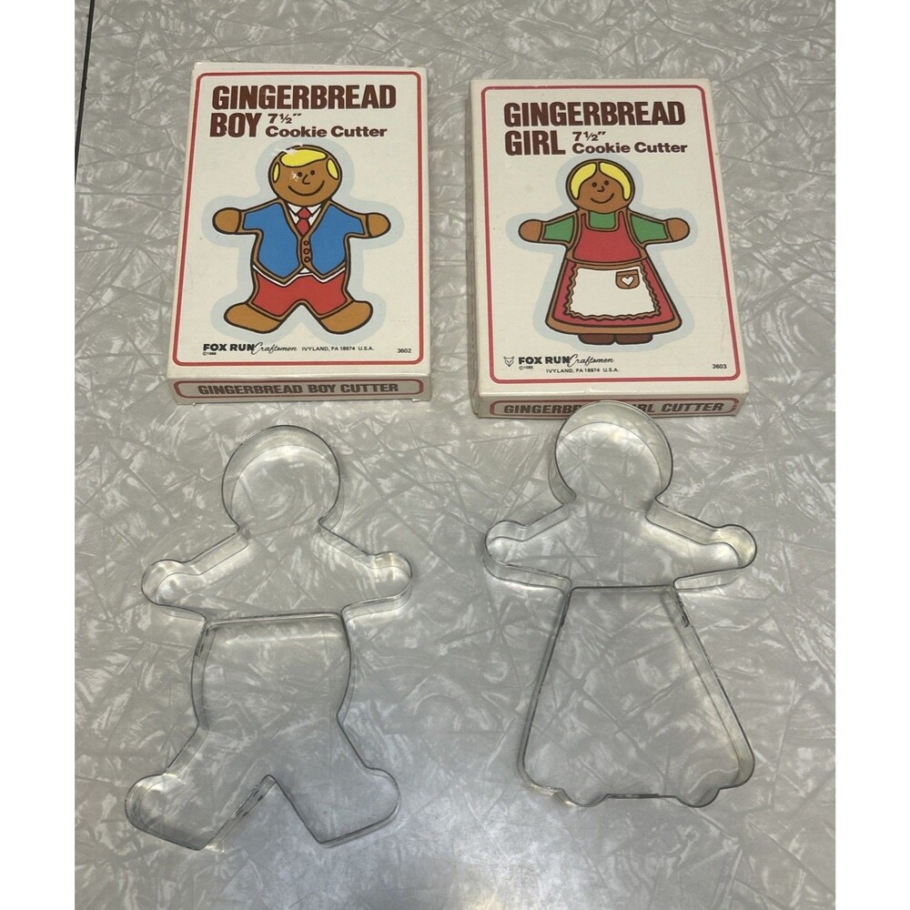 Vintage Tin Gingerbread Boy & Girl Cookie Cutters Fox Run CRAFTSMEN SET 7 1/2"